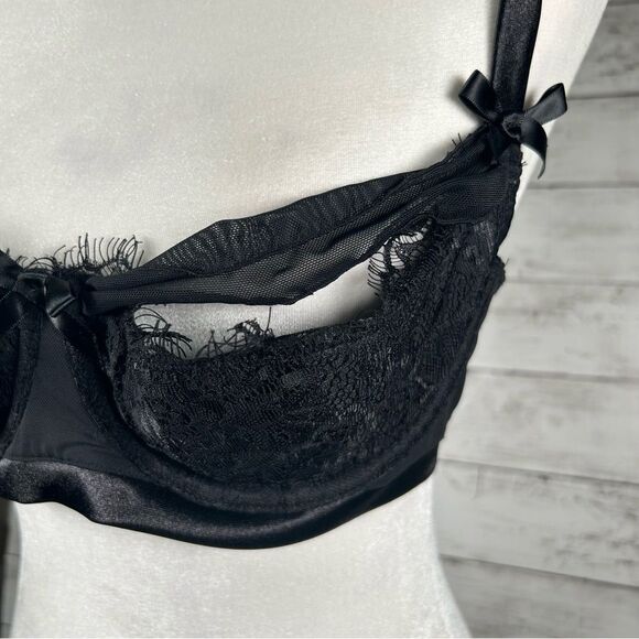 Cacique Quarter Balconette Peek A Boo Cup Lace Underwire Black Bra 36D - Picture 2 of 8